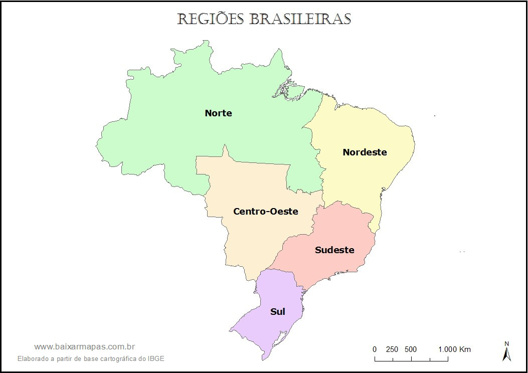 Mapa do Brasil dividido em regiões