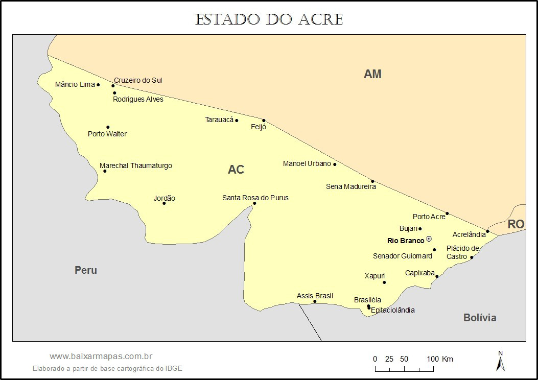 Mapa do Acre com nomes dos municípios