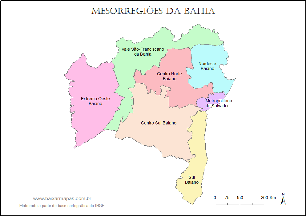 Mapa da Bahia dividido em mesorregiões.