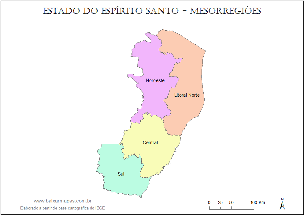 Mapa do estado do Espírito Santo dividido em mesorregiões.