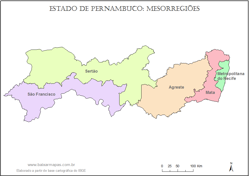 Mapa de mesorregiões de Pernambuco.
