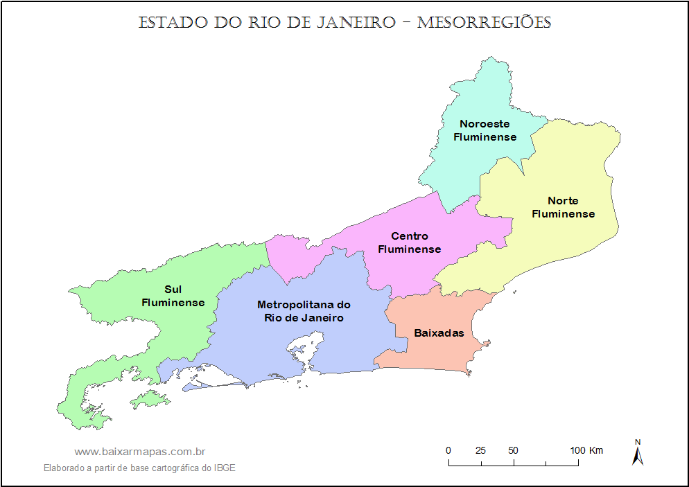 Mapa do estado do Rio de Janeiro RJ dividido em mesorregiões.
