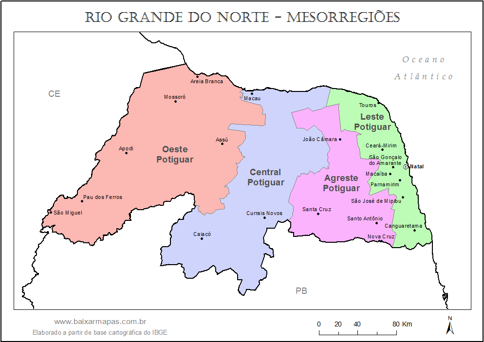 Mapa de divisão de mesorregiões do estado do Rio Grande do Norte.