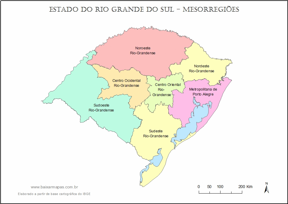 Mapa de mesorregiões do estado do Rio Grande do Sul.