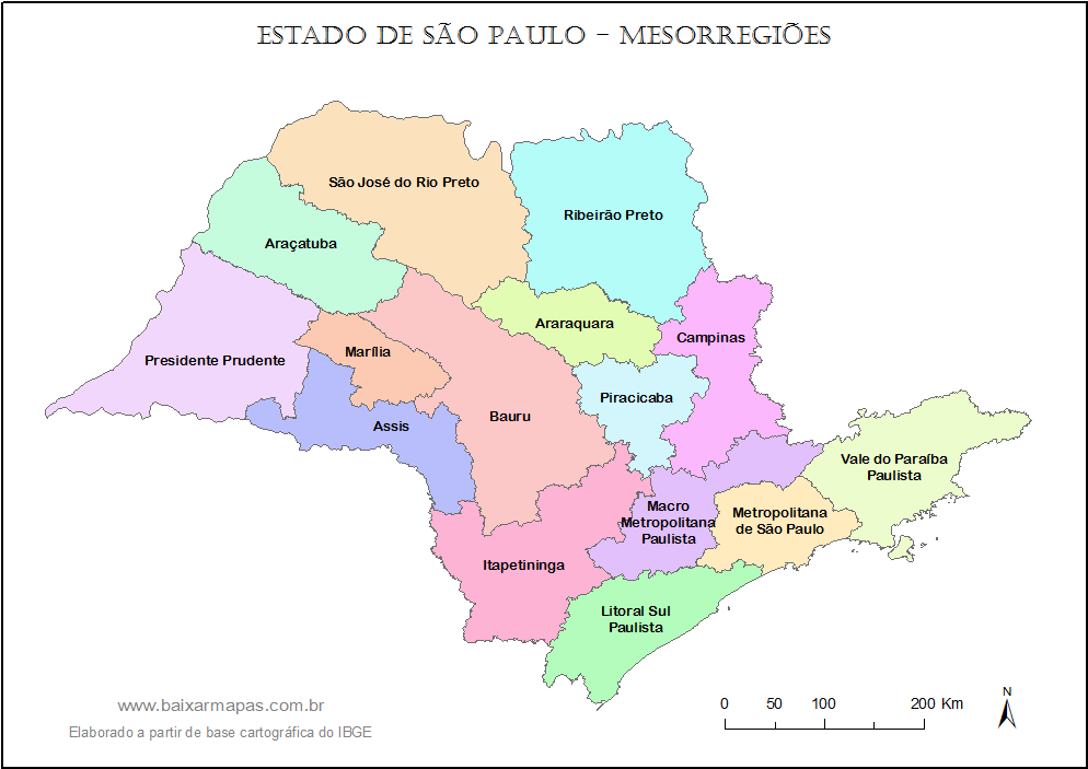 Mapa de São Paulo dividido em Mesorregiões